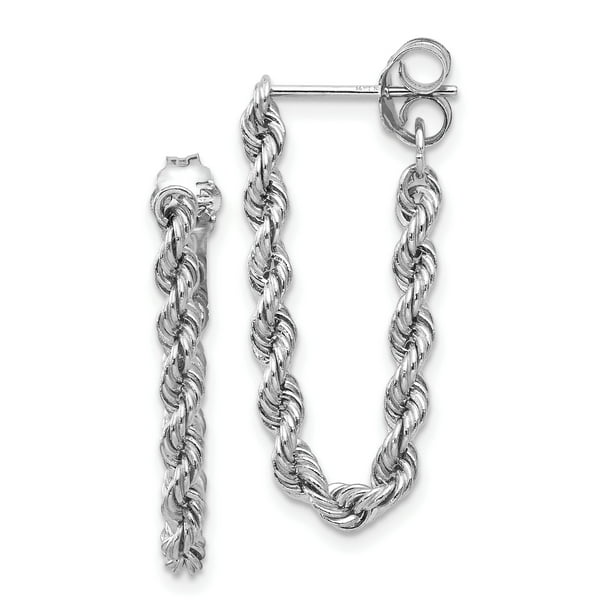 14K White Gold Cable Chain Link 2 White Synthetic Crystal Ball Drop Earrings